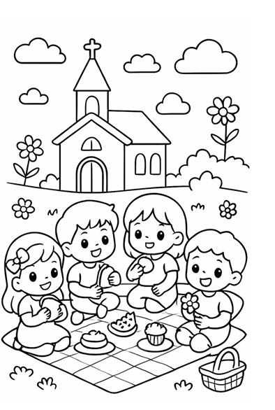 Desenho para colorir — piquenique na igreja